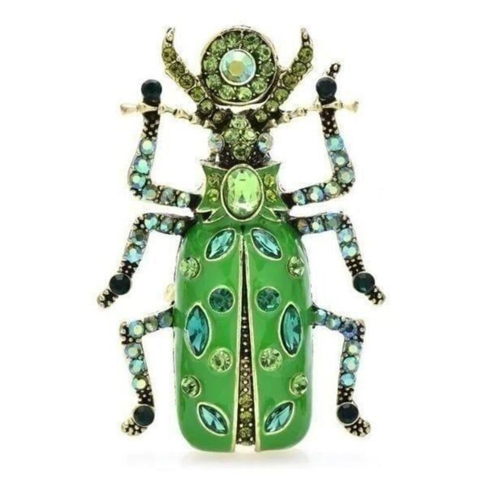 Green Beetle Enamel Rhinestone Brooch Pin Pendant